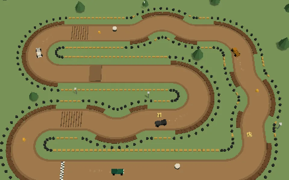 Screenshot of the off-road racing game: four trucks on a dirt track